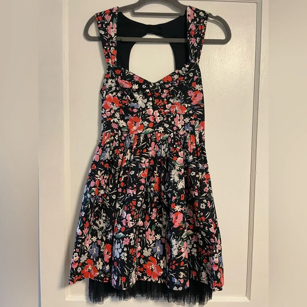 Free People Black Floral Midi Dress with Red & Pink Blooms size 4
